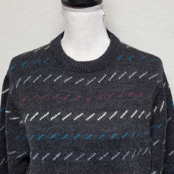 VINTAGE 70s South Channel Gray Wool Geometric Notched Knit Fisherman's Sweater - Picture 3 of 10